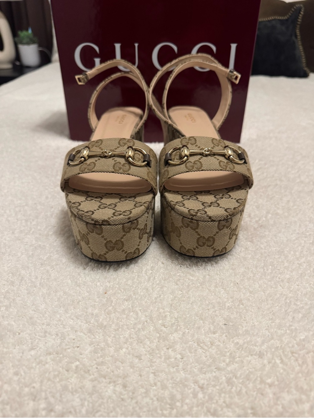 Gucci Beige GG Canvas Platform Slingback Wedges with Gold Horsebit - Picture 2 of 7